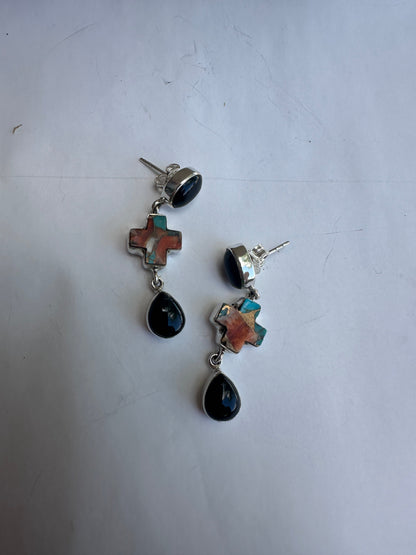 Handmade Onyx, Spice and Sterling Silver Post Dangle Cross Earrings Signed Nizhoni