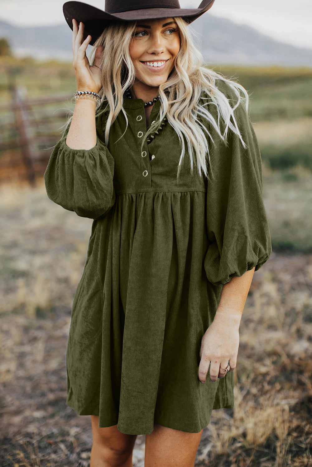 Vineyard Green Corduroy Snap Buttons Empire Waist Bracelet Sleeve Dress