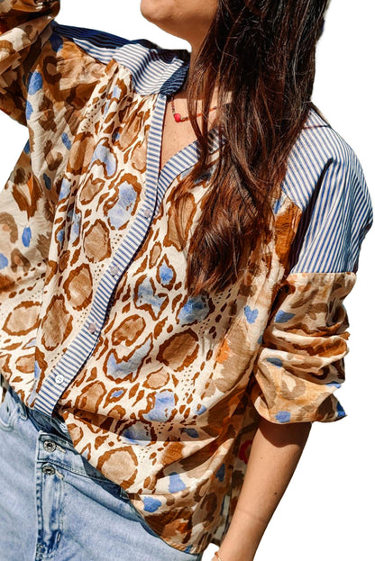 Light French Beige Colorful Leopard Striped Print Patchwork V Neck Shirt