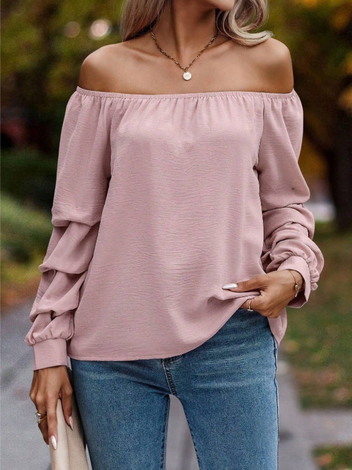 Ruched Off-Shoulder Long Sleeve Blouse