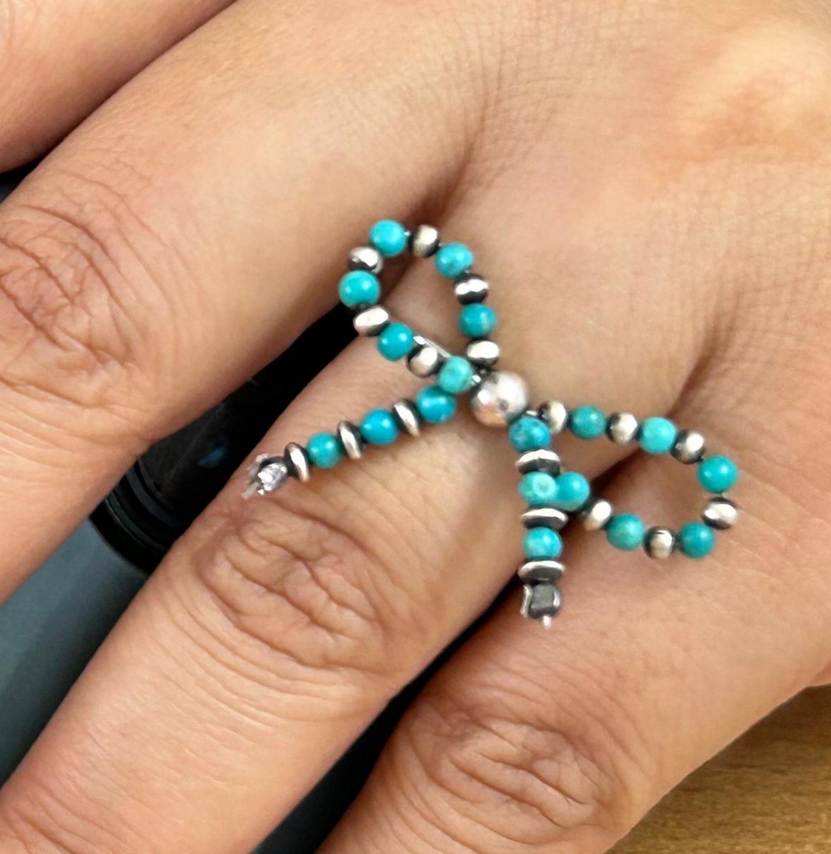 The Turquoise Bow Tie Handmade Sterling Silver Navajo Pearl Style Beaded Stretch Ring