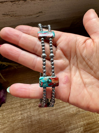 Pink/turquoise Double Strand Necklace – 13” Beaded – Sterling Silver Pearls & Rectangle Variscite