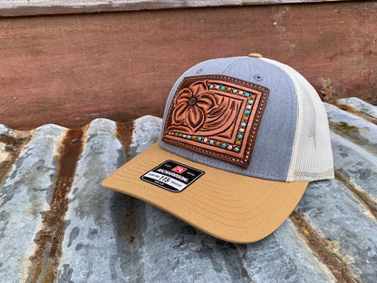 The Pansy Handtooled Leather Patch Cap with Beaded Border