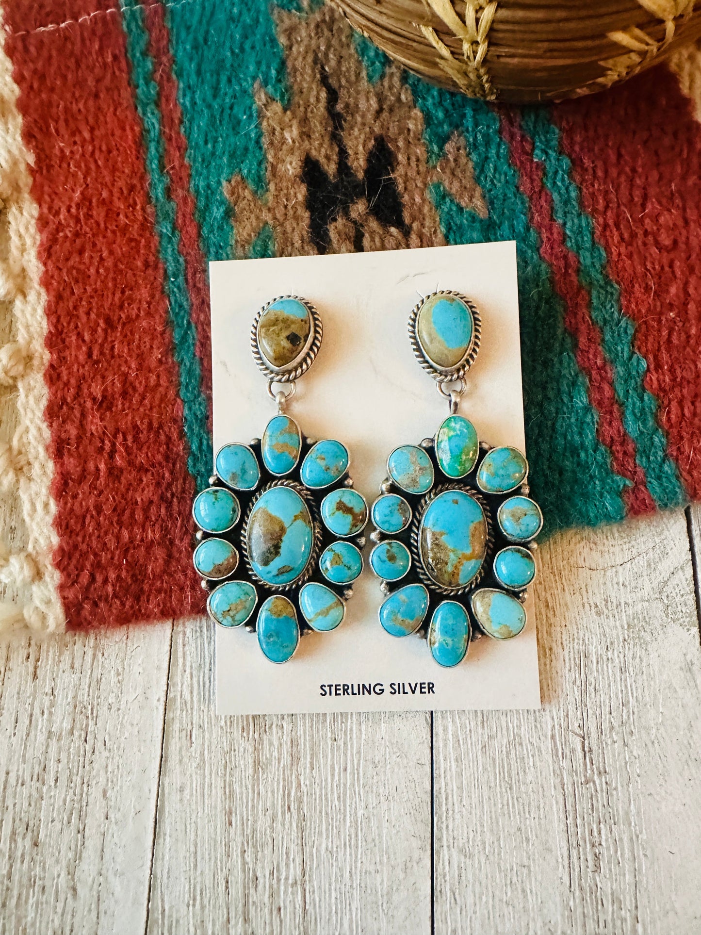 Navajo Turquoise & Sterling Silver Cluster Dangle Earrings