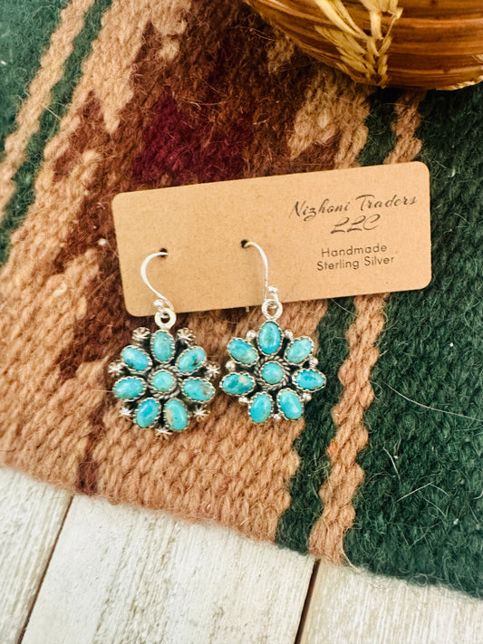 Handmade Turquoise & Sterling Silver Cluster Dangle Earrings