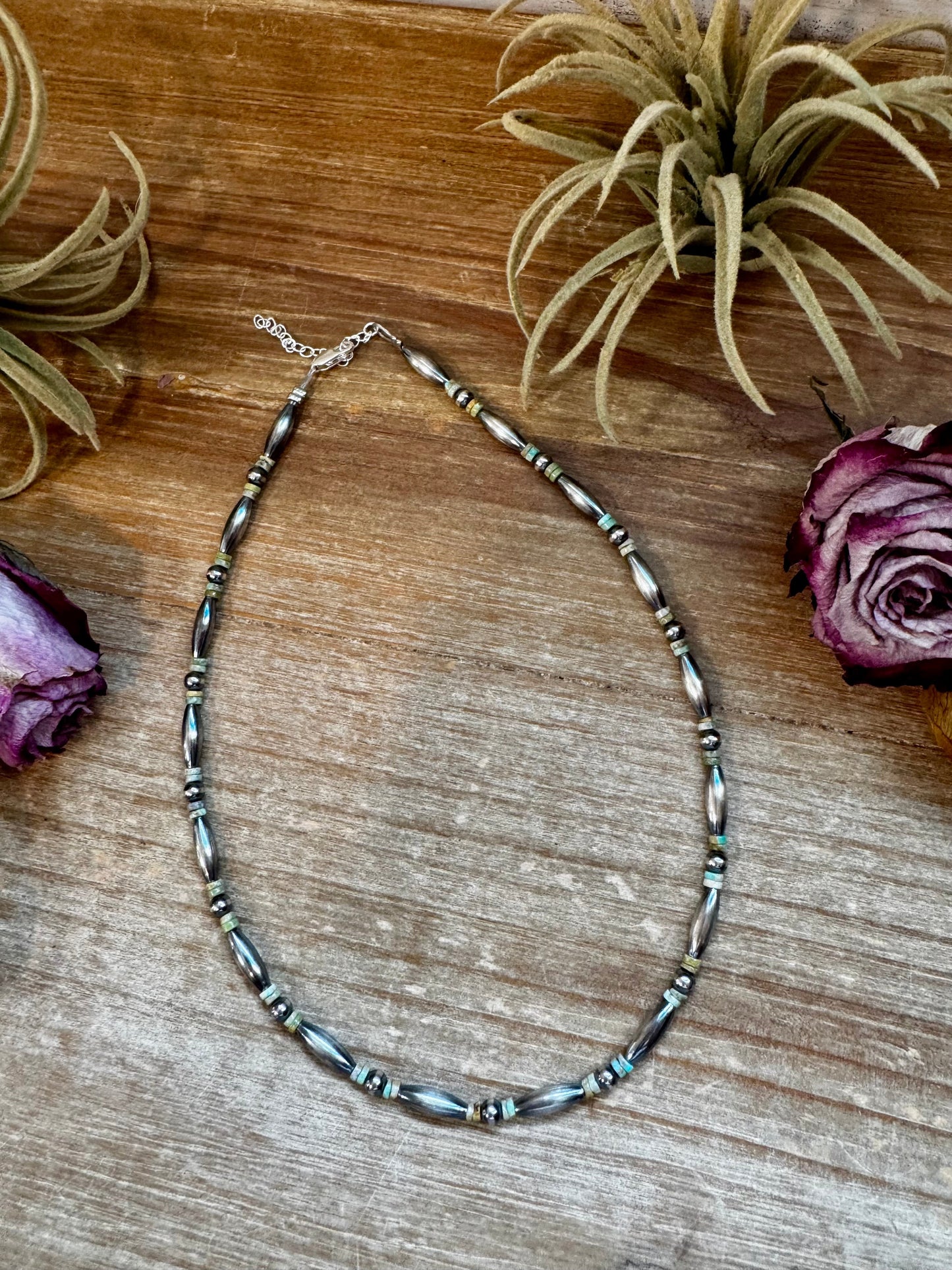 14.5" Torpedo Bead Choker – Sterling Silver Pearls & Green Turquoise