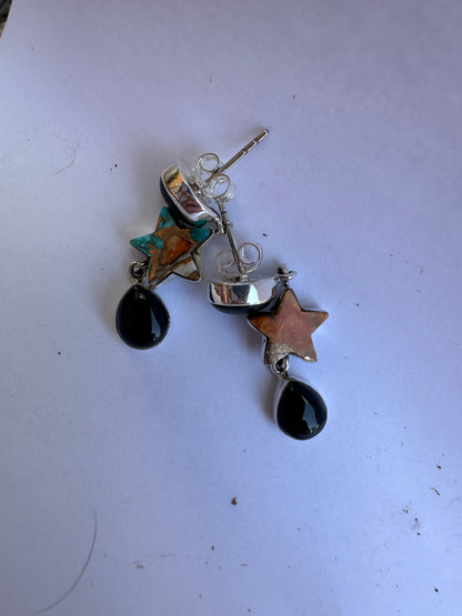 Handmade Onyx, Spice and Sterling Silver Post Dangle STAR Earrings Signed Nizhoni