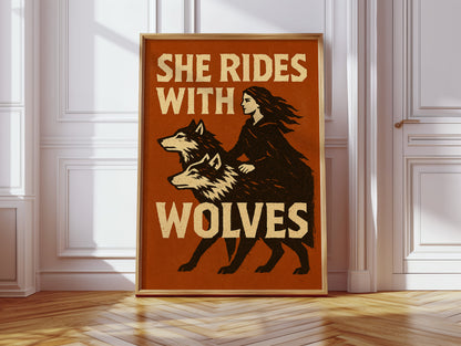 She Rides With Wolves Rustic Art Print