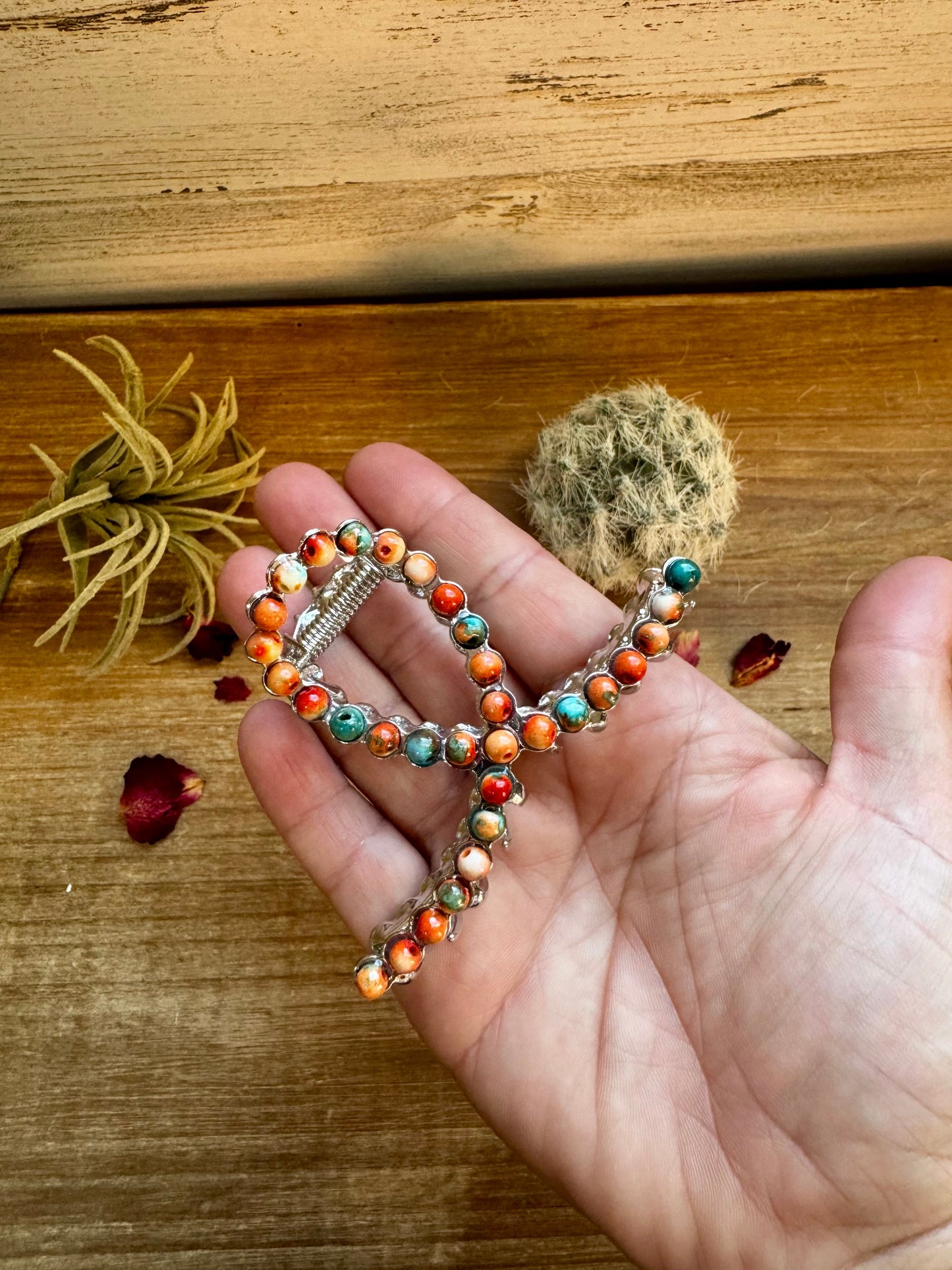 Smaller Orange and Turquoise magnesite beads Hair Clips