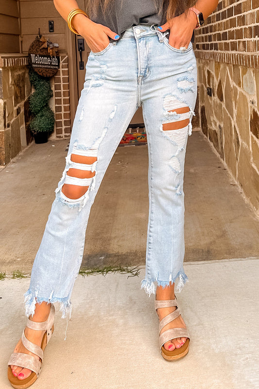 Light Wash Distressed Straight Leg Jeans