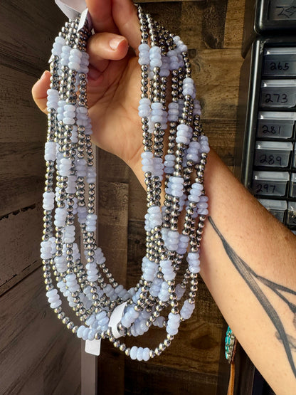 Blue Lace Agate & Sterling Silver Pearl Necklace – 20 ½” Plus Extender