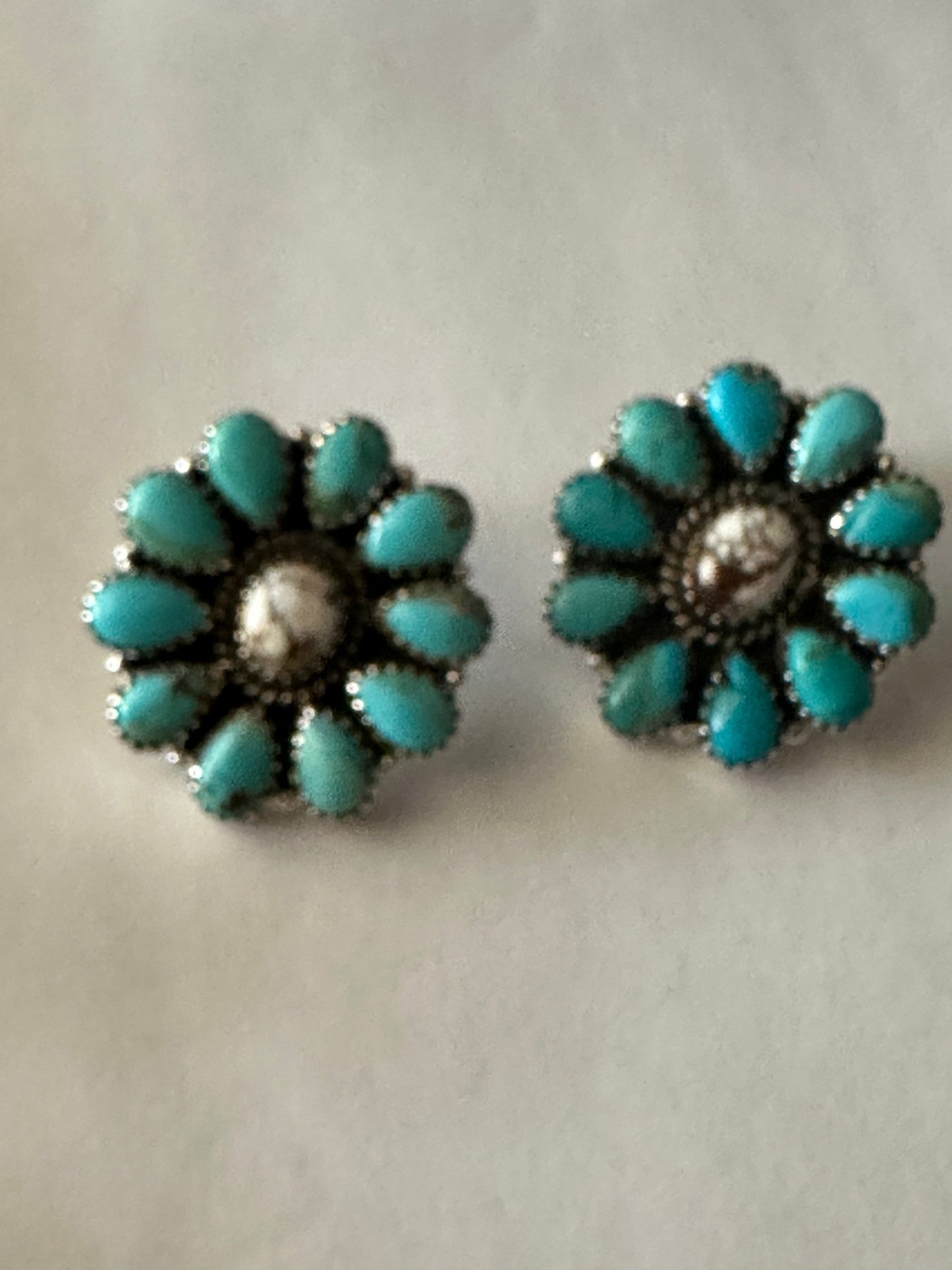 Handmade Turquoise, Wild Horse & Sterling Silver Cluster Post Earrings Signed Nizhoni