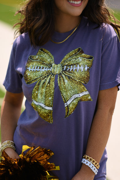 Gold Faux Glitter Football Bow Tee on Purple