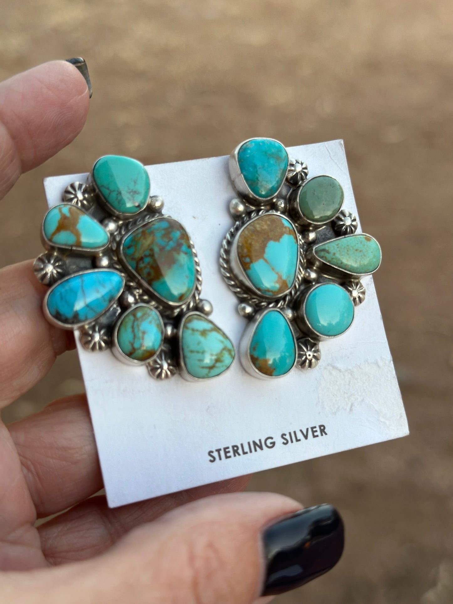 Navajo Turquoise & Sterling Silver Crescent Cluster Earrings signed Elouise Kee