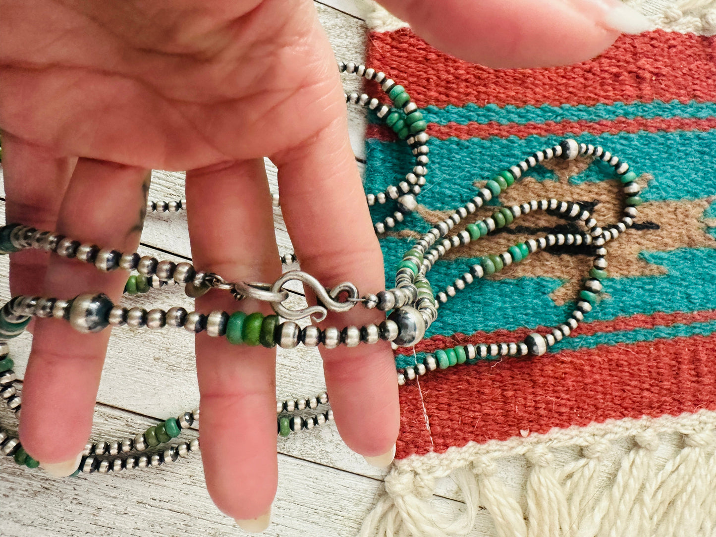 Navajo Pearl Turquoise &  Sterling Silver 70 inch Beaded Necklace