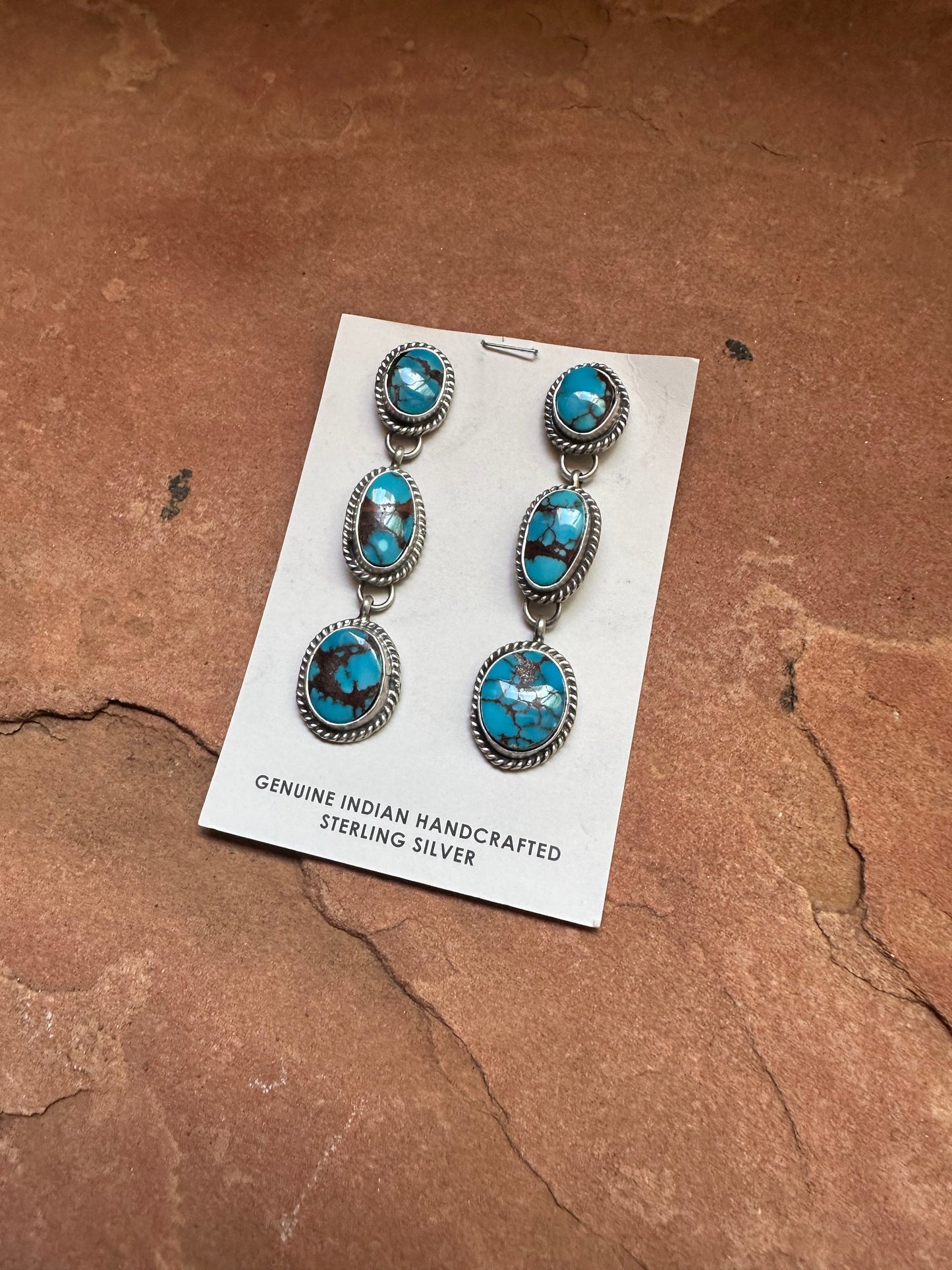 Navajo Turquoise & Sterling Silver 3 Stone Dangle Earrings Signed Marcella James