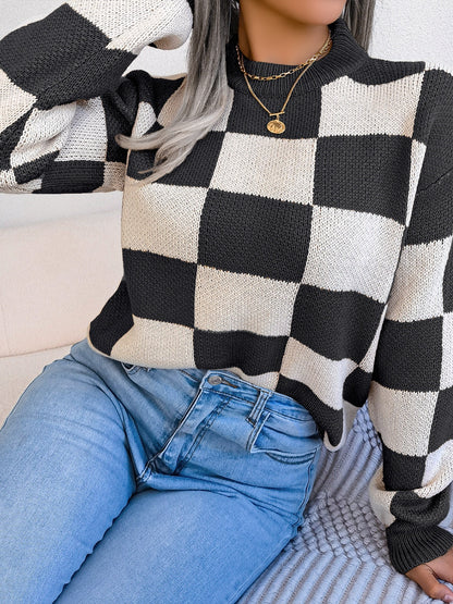 Checkered Mock Neck Long Sleeve Sweater