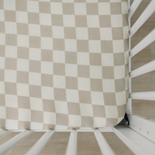 Taupe Checkered Muslin Crib Sheet