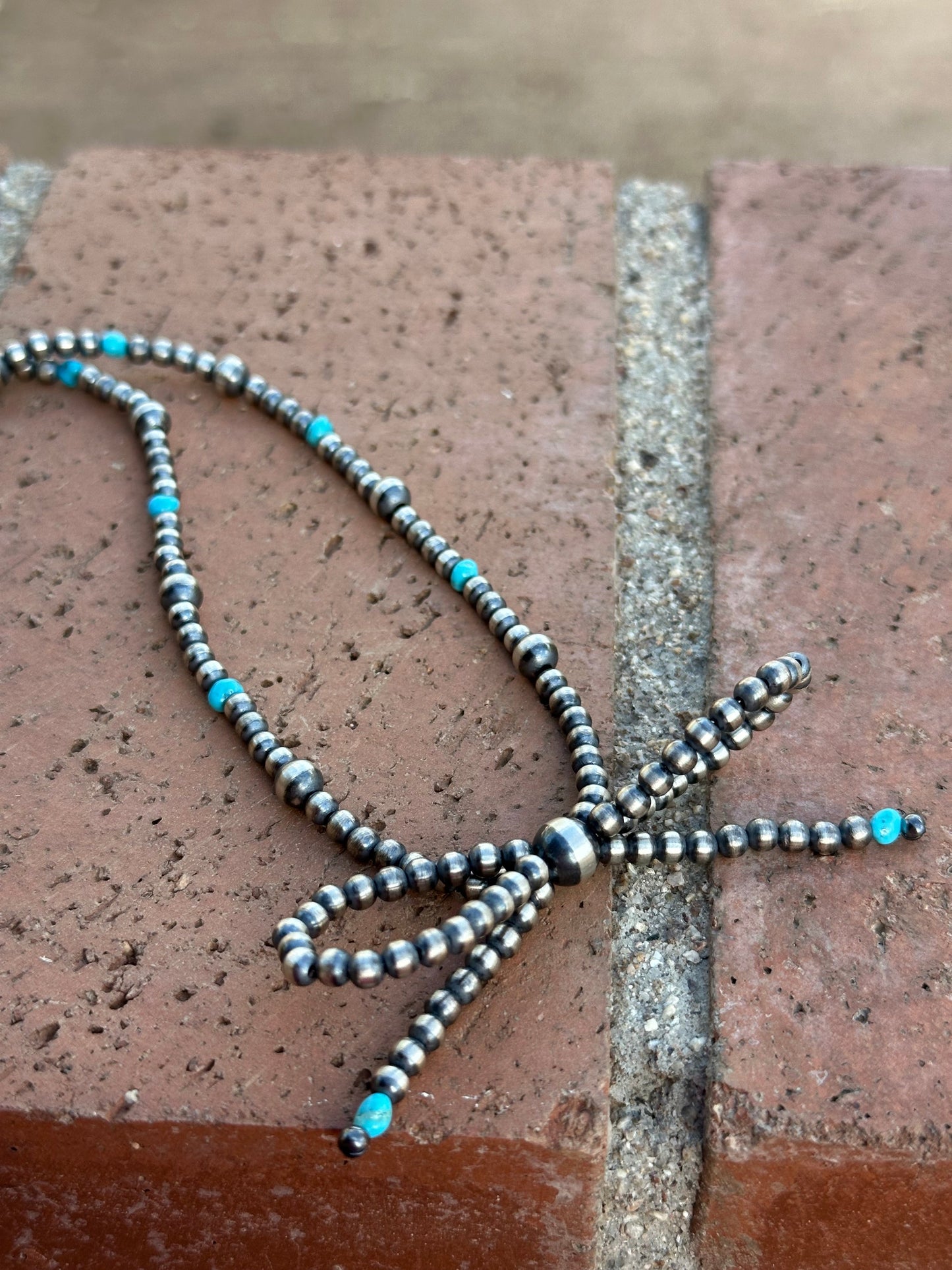 Navajo Made Sterling Silver & Turquoise  Pearl Beaded  Bow Tie  Necklace 18 inches