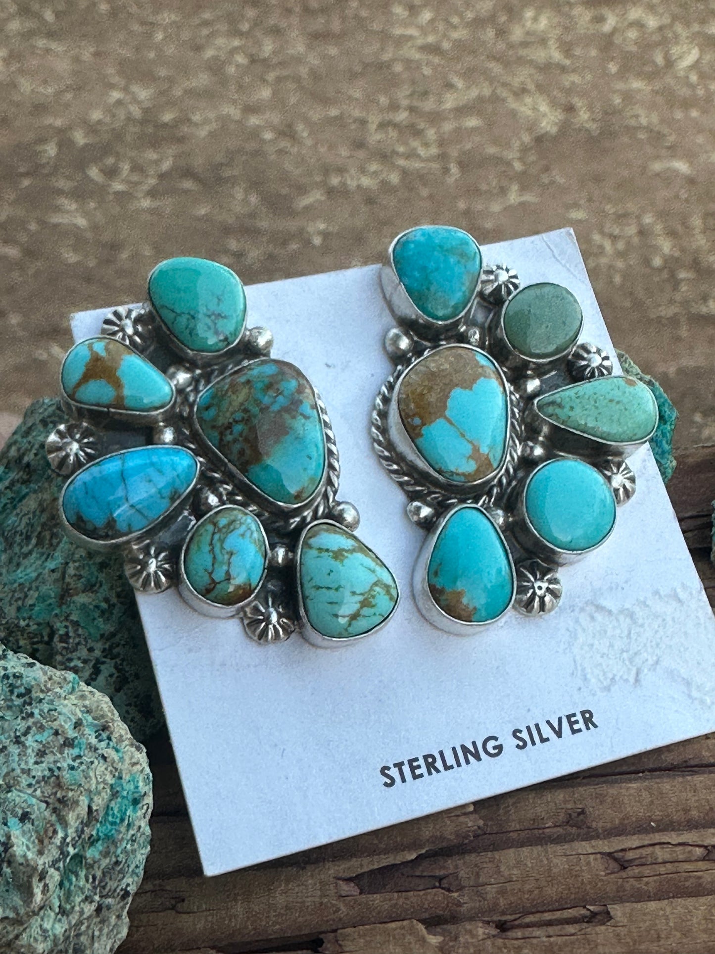 Navajo Turquoise & Sterling Silver Crescent Cluster Earrings signed Elouise Kee