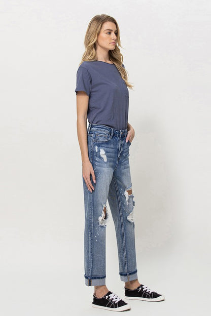 Stretch Mom Jeans w/ Spatter Detail and Cuff