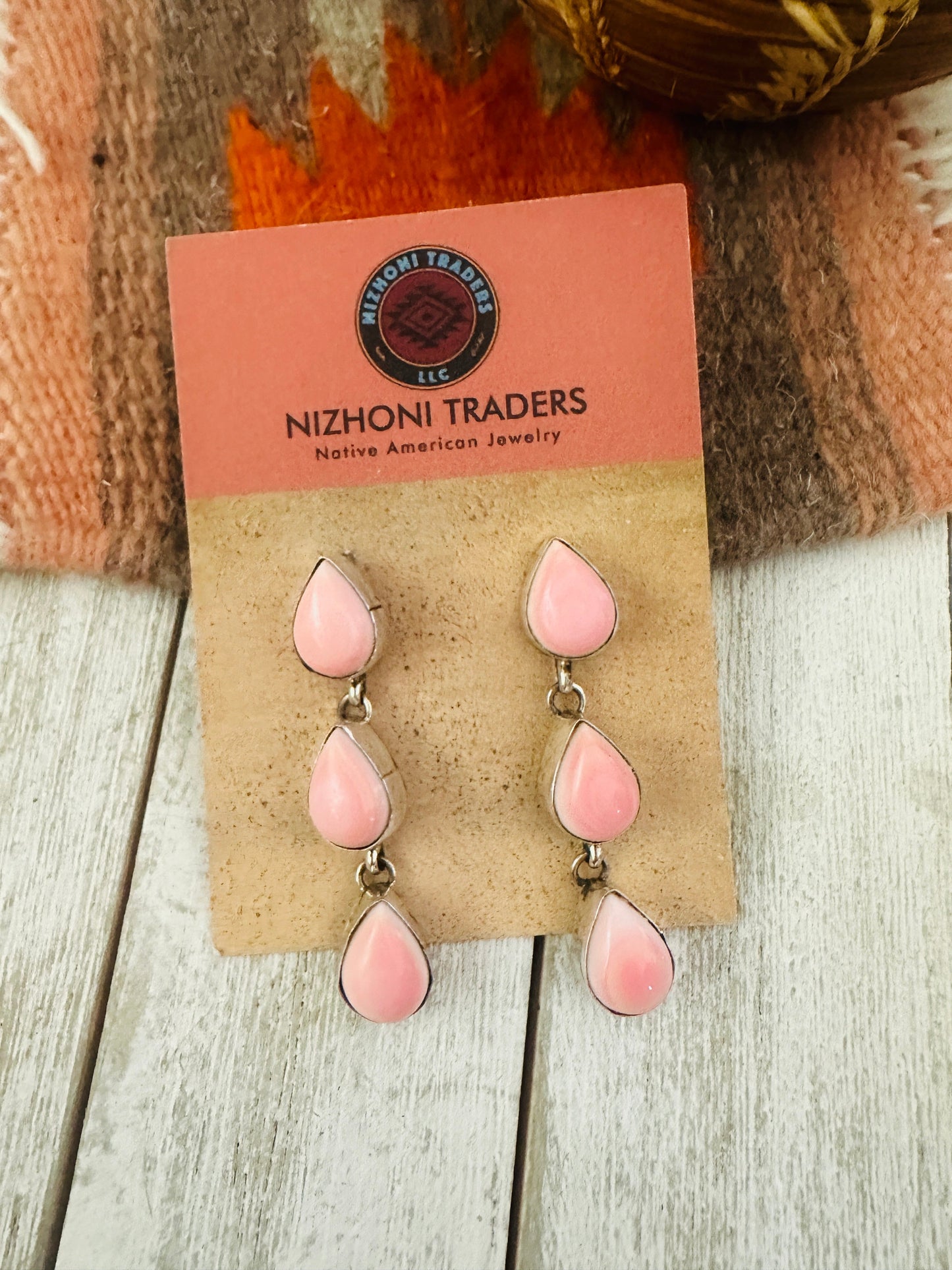 Navajo Queen Pink Conch & Sterling Silver Dangle Earrings