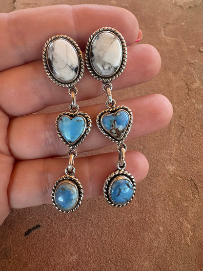 Handmade Natural Golden Hills Turquoise, White Buffalo and Sterling Silver Heart Dangles