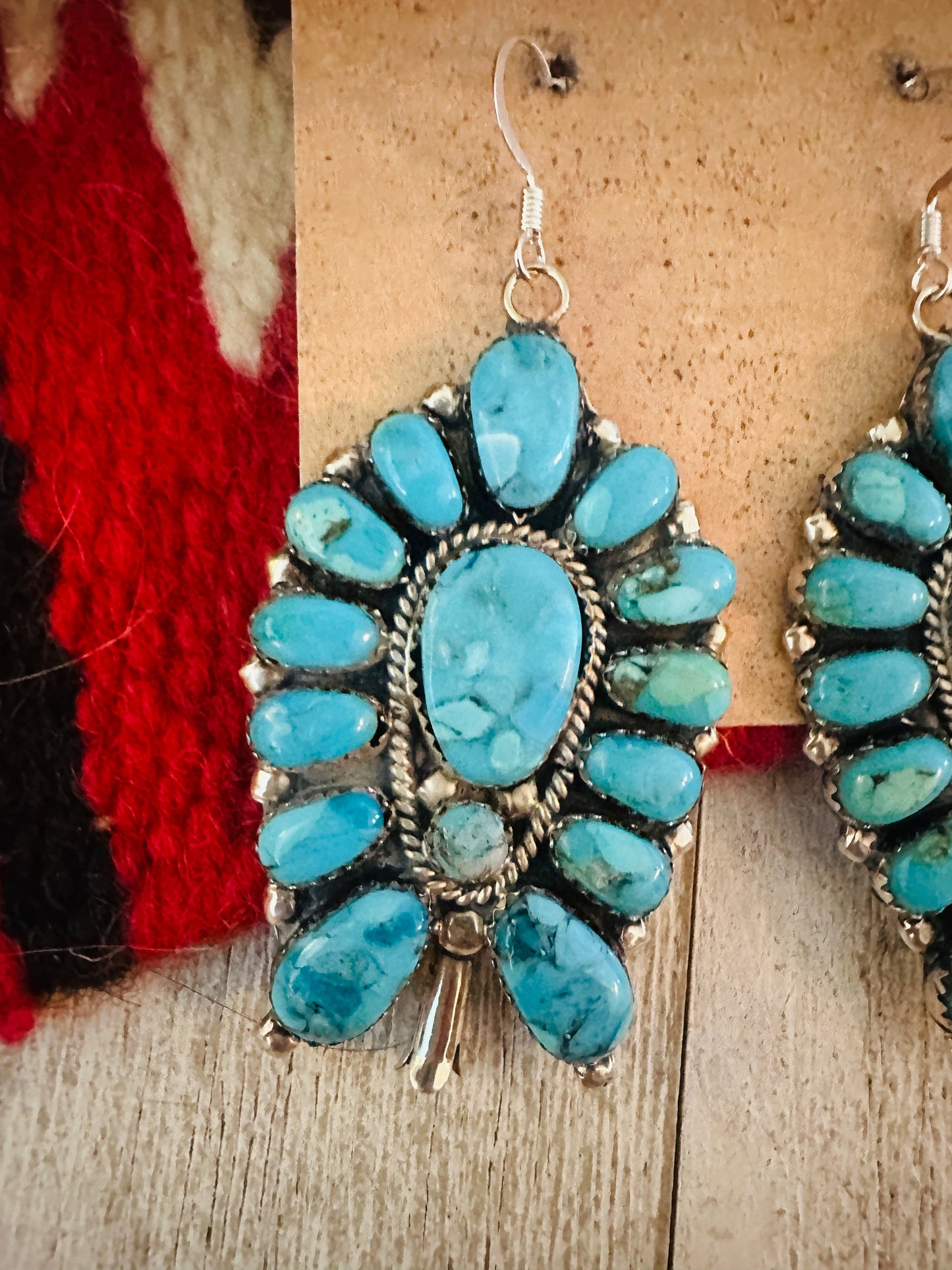 Navajo Turquoise & Sterling Silver Cluster Blossom Dangle Earrings