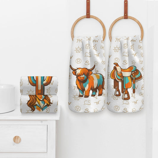 Set of 4 Minimalistic Western Highland Cow Cattle Brands Kitchen Towels Made in America