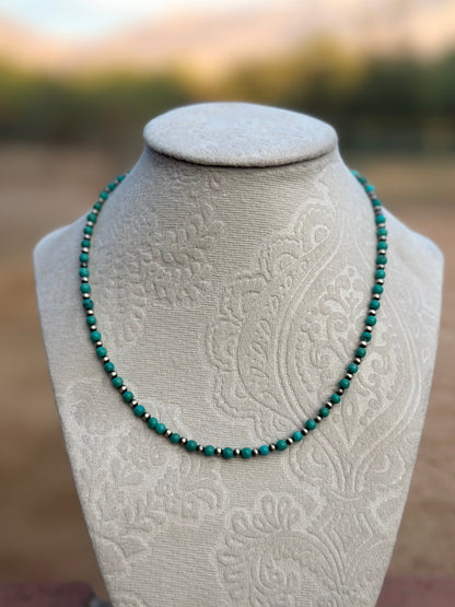 Handmade Kingman Turquoise and Sterling Silver Pearl Beaded Necklace 16” w/2 inch extender.