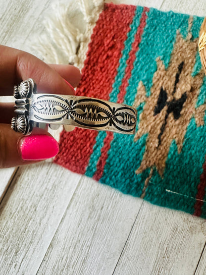 Navajo Hand Stamped Sterling Silver Studded Cuff Bracelet