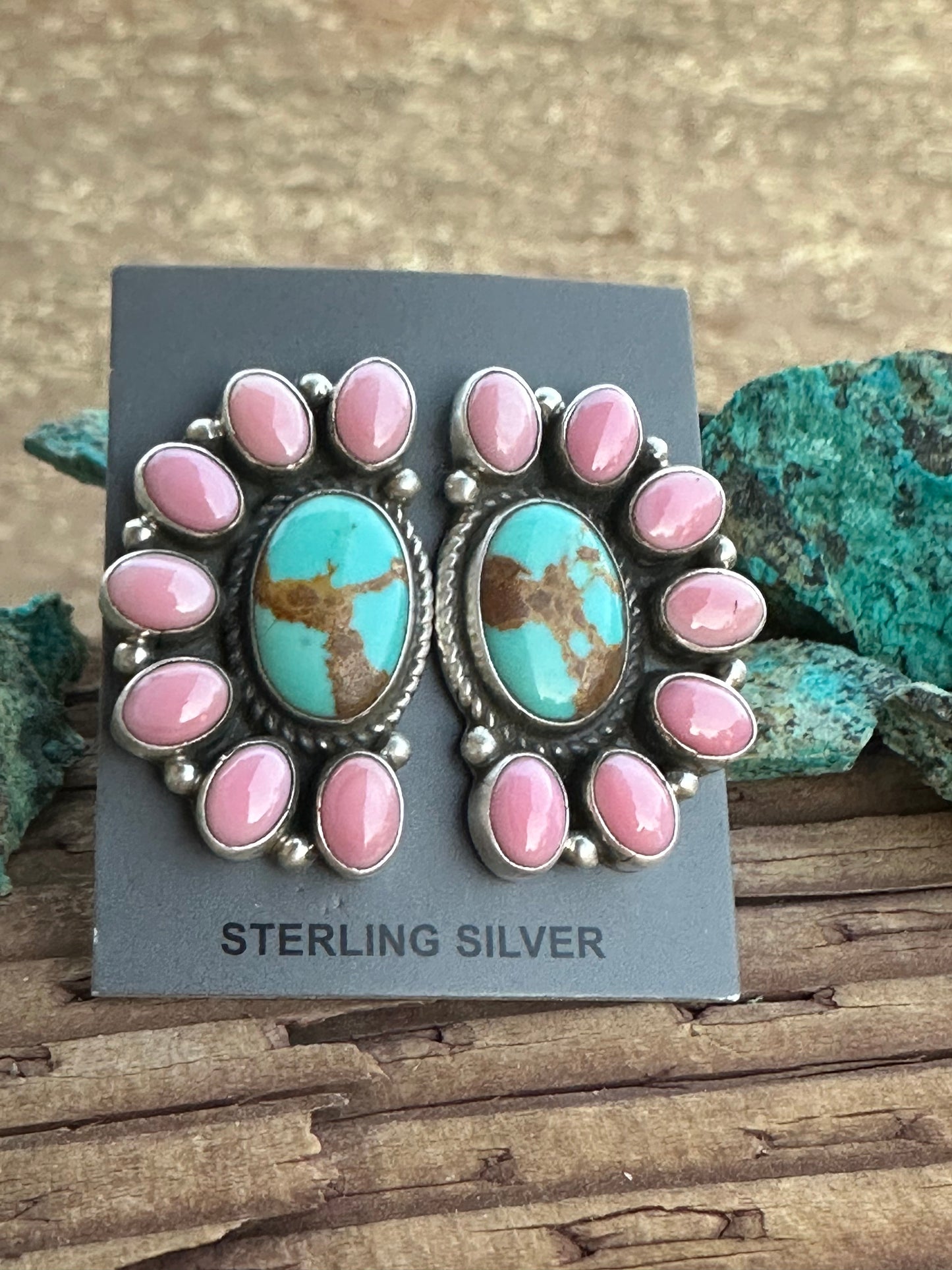 Navajo Queen Pink Conch & Turquoise Sterling Silver Cluster Stud Earrings