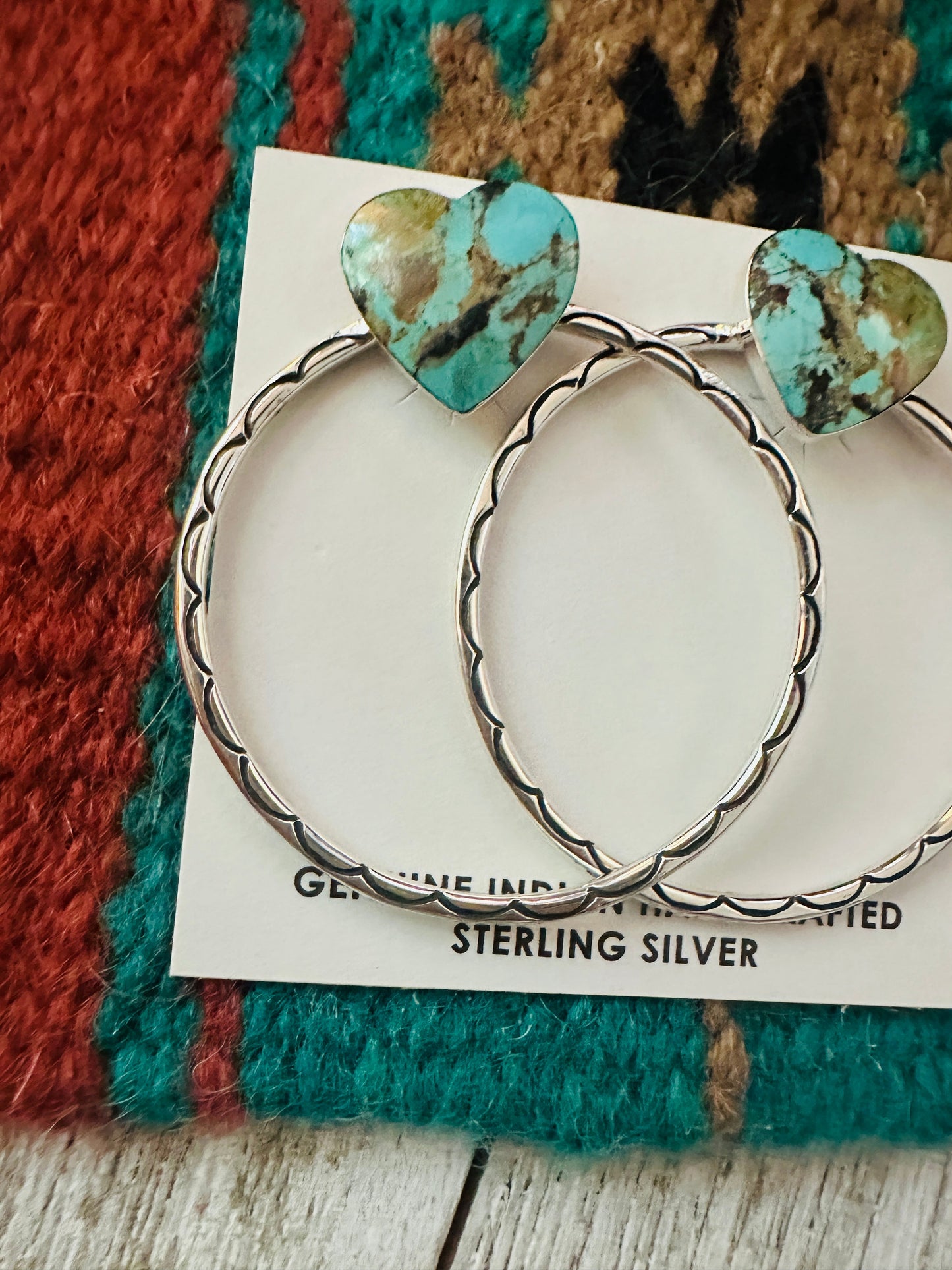 Navajo Turquoise & Sterling Silver Heart Hoop Earrings