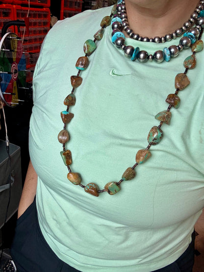 34-Inch Long Turquoise Nugget & Brown Shell Necklace