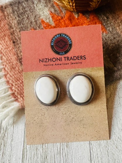 Navajo White Buffalo & Sterling Silver Post Earrings