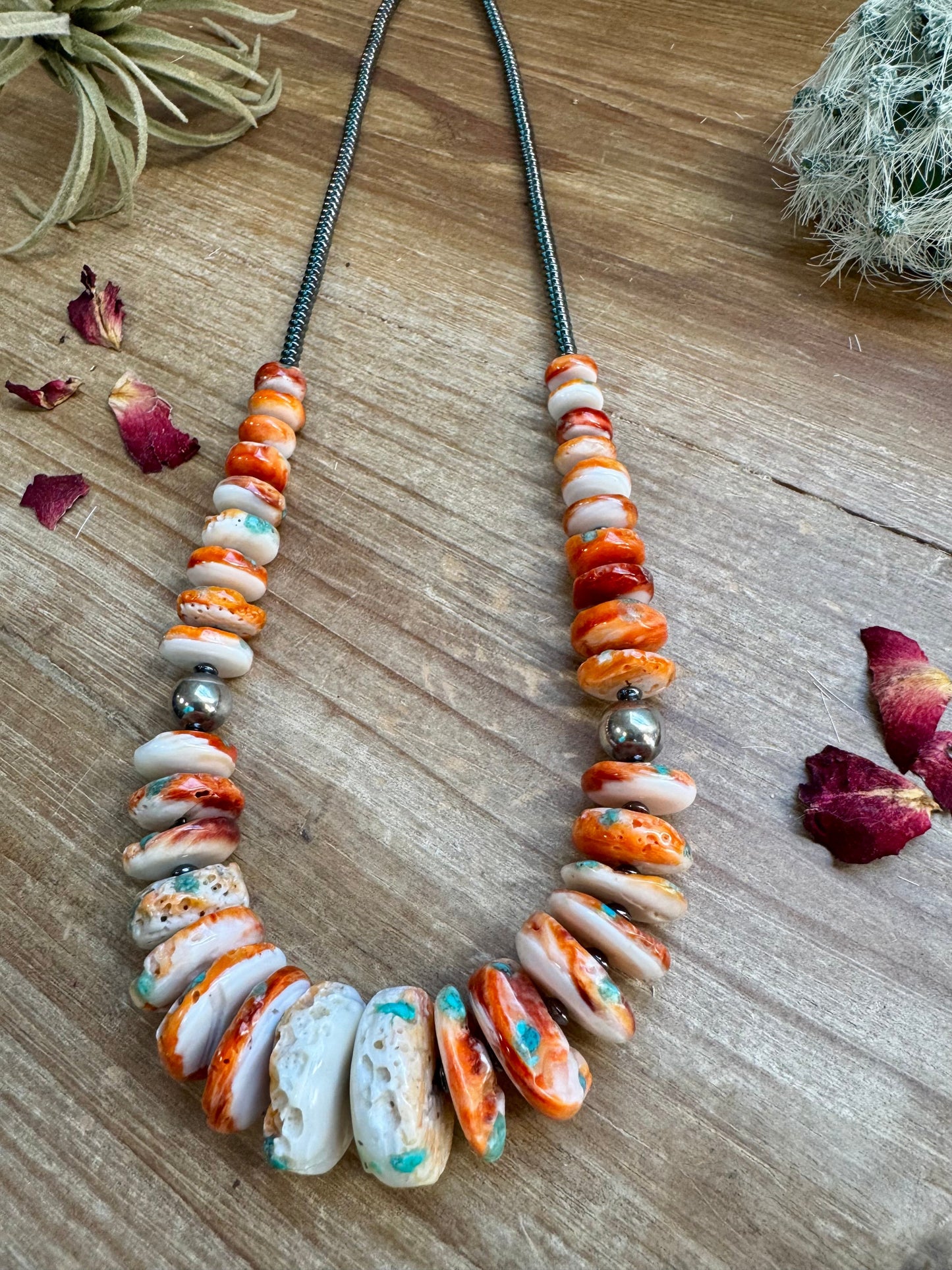 22 Inch orange spiny, turquoise and sterling silver pearls