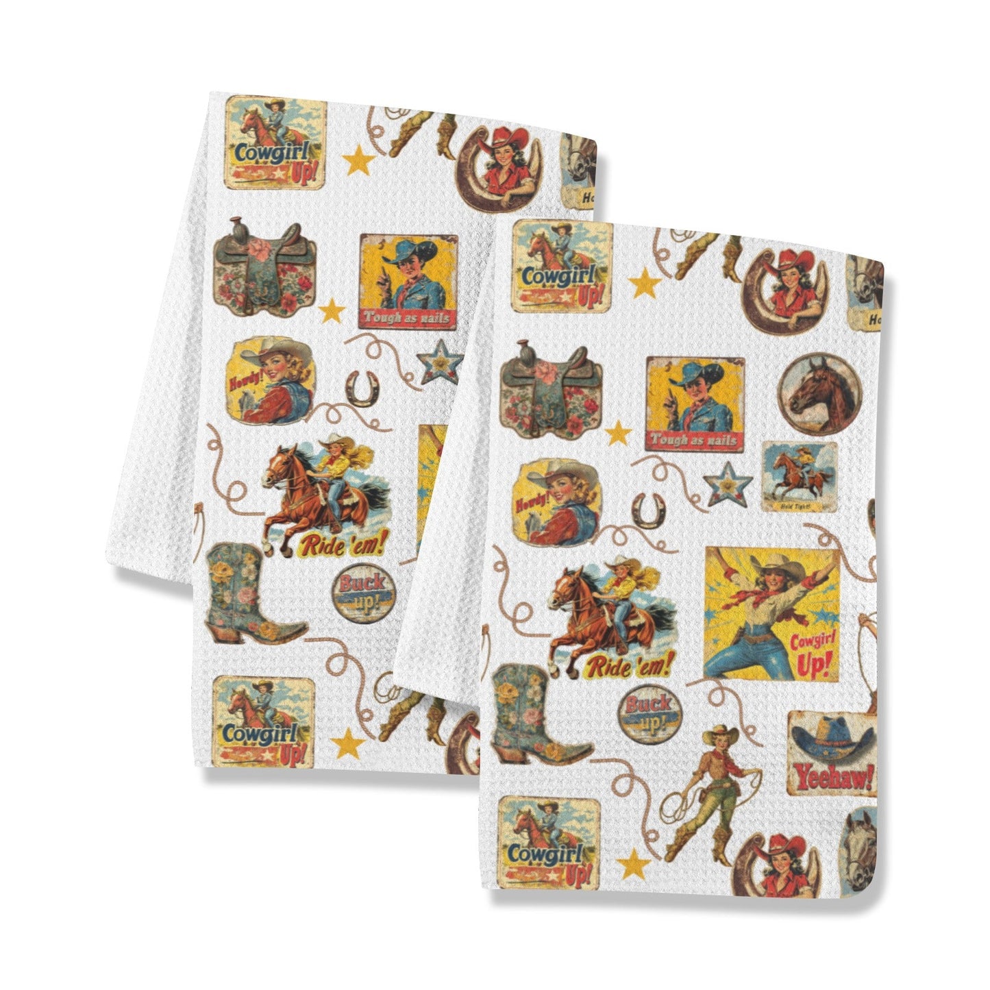 Vintage Cowgirl Collage Dish Towels Set of 2 Made in America