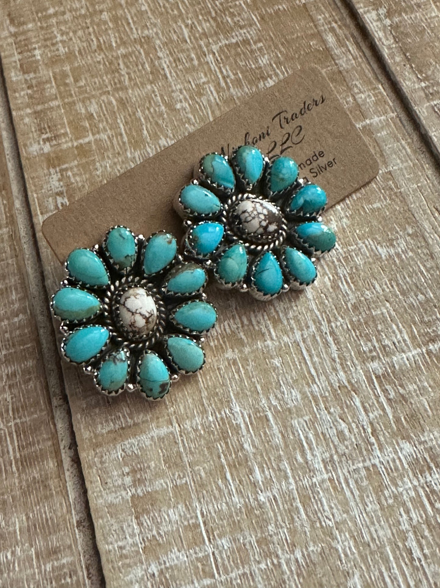 Handmade Turquoise, Wild Horse & Sterling Silver Cluster Post Earrings Signed Nizhoni