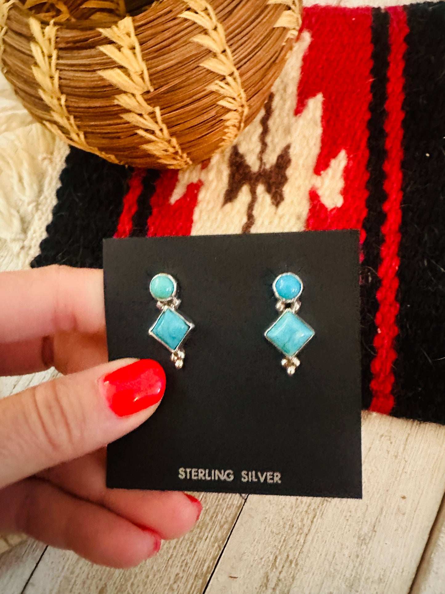 Navajo Sterling Silver & Turquoise Diamond Dangle Earrings