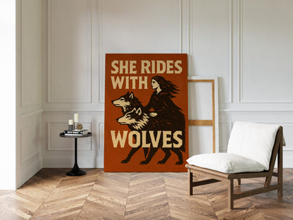 She Rides With Wolves Rustic Art Print