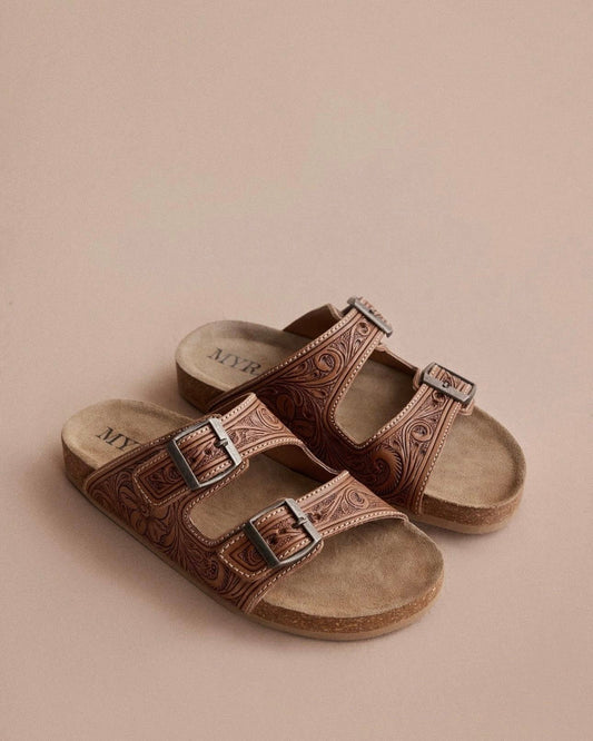 Desert Fern Handtooled Leather Sandals In Autumn Tan
