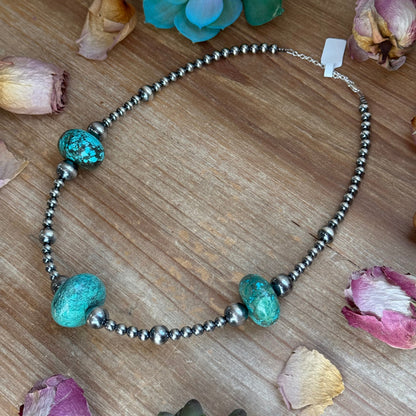 20” Turquoise Rondelle Necklace – Sterling Silver Pearls
