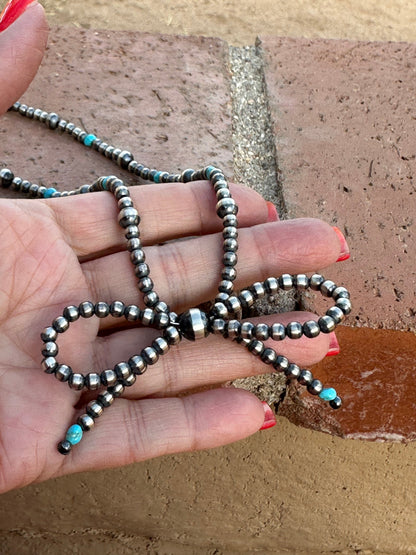 Navajo Made Sterling Silver & Turquoise  Pearl Beaded  Bow Tie  Necklace 18 inches