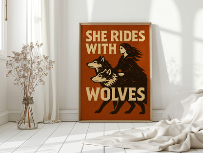 She Rides With Wolves Rustic Art Print