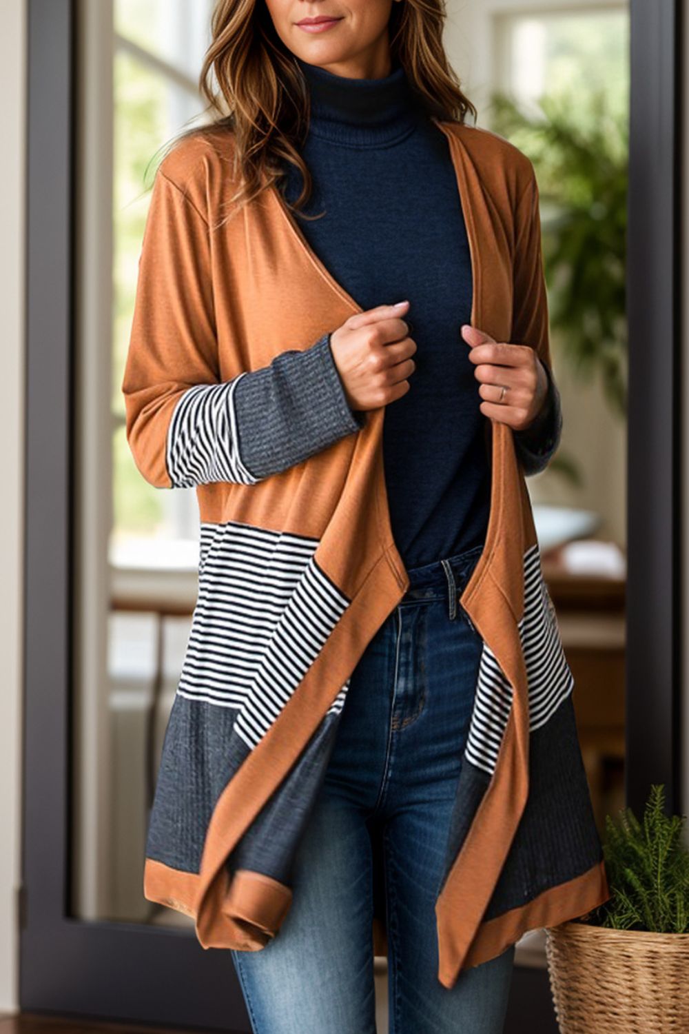 Striped Open Front Long Sleeve Cover Up