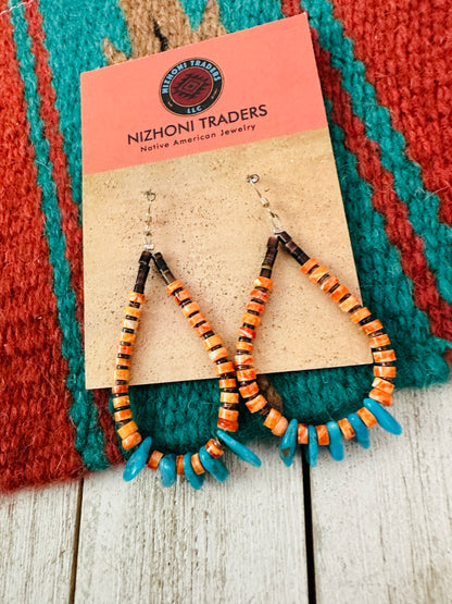 Navajo Turquoise, Spiny & Heishi Beaded Hoop Earrings