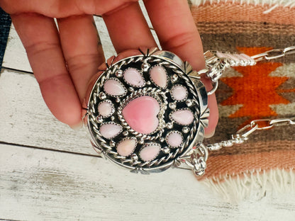 Navajo Queen Pink Conch & Sterling Silver Pearl Heart Necklace