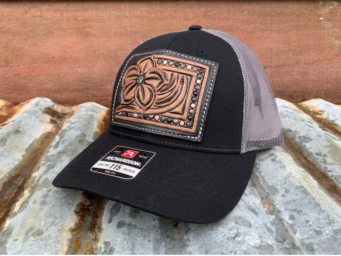 The Pansy Handtooled Leather Patch Cap with Beaded Border