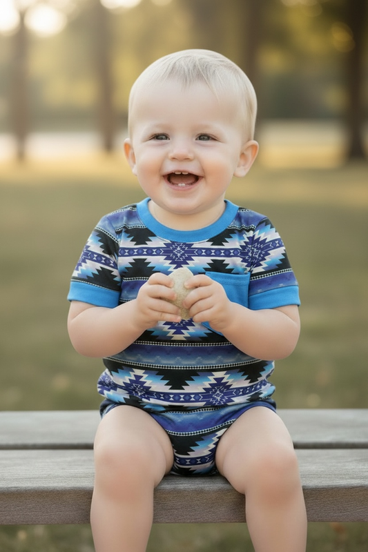 Boys Teal Aztec Printed Cream Onesie