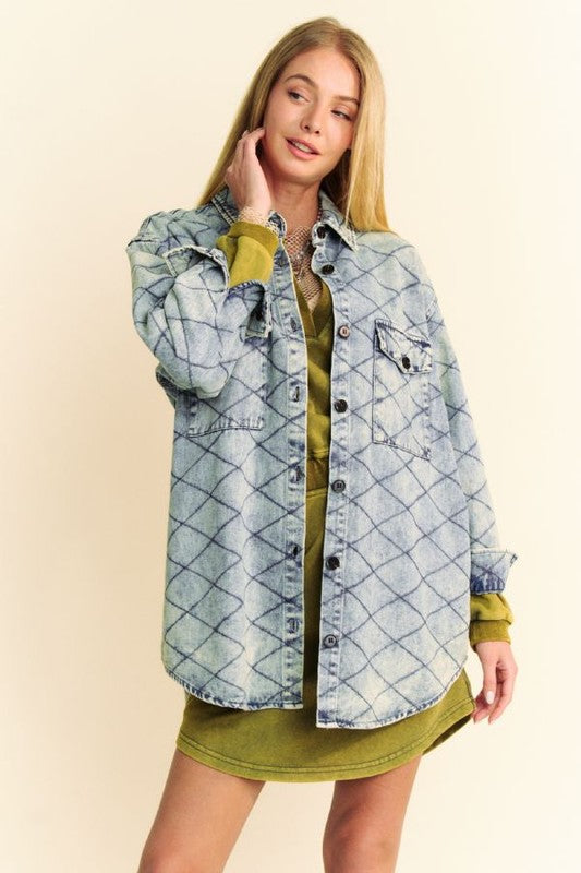 Davi & Dani Curved Hem Diamond Quilted Button Up Denim Shacket